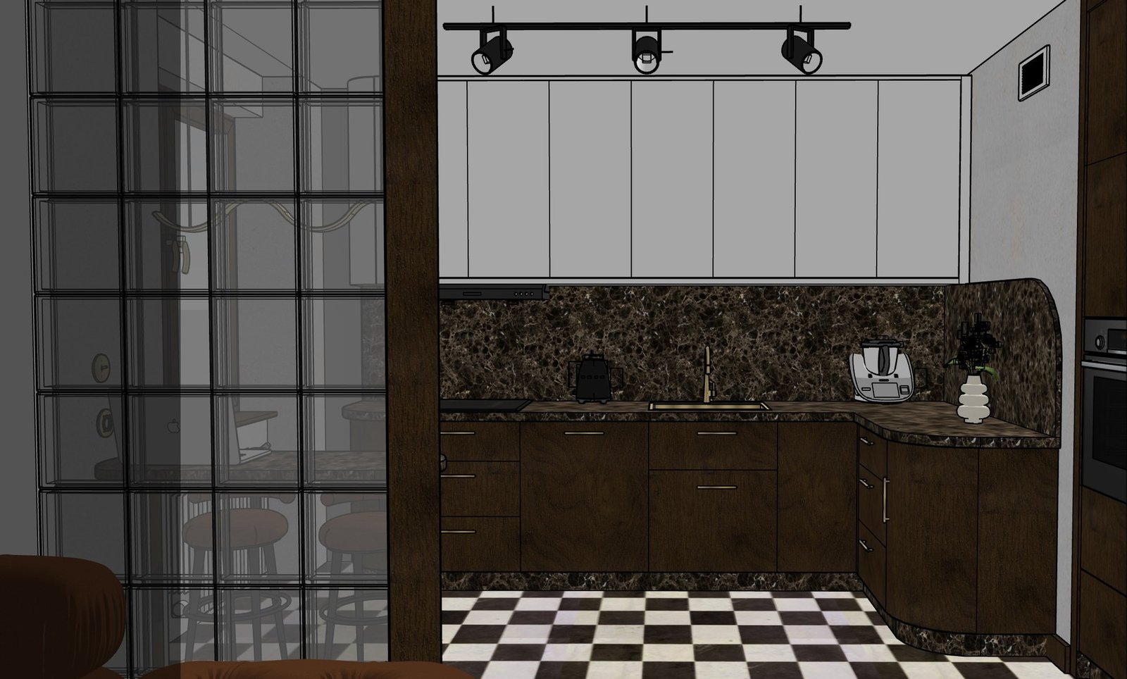 Surowy widok makiety ze SketchUp — kuchnia z marmurem i ścianą z luksferów
